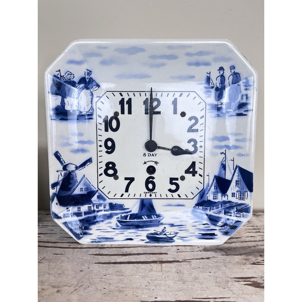 Antique 1920's German Blue Delft 10 Day RARE Wall Plate Clock No Key Untested
